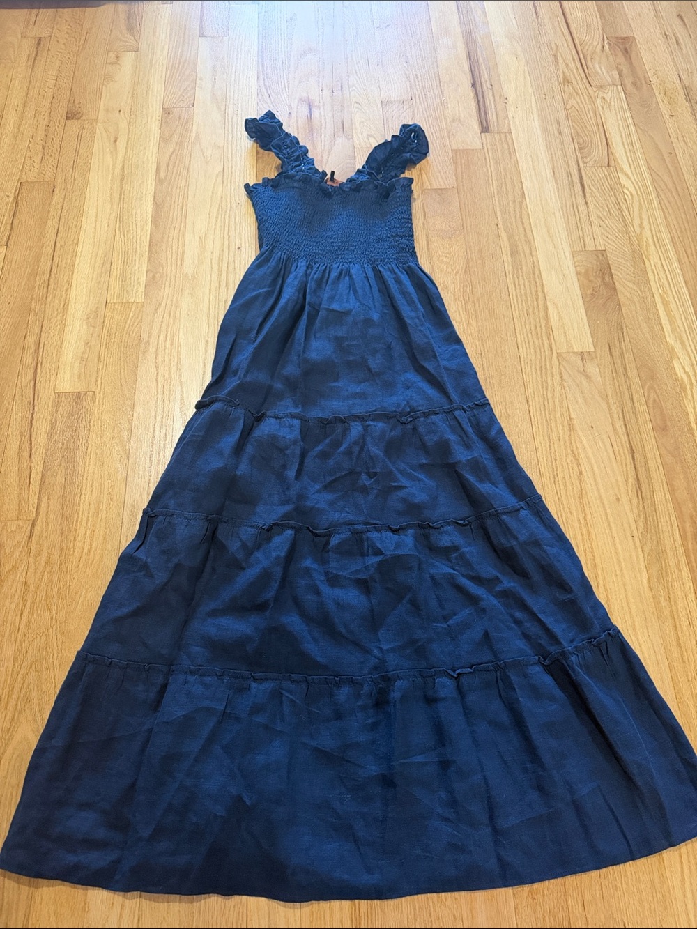 Quince Deep Navy European Linen Smocked Midi Dress Sz S